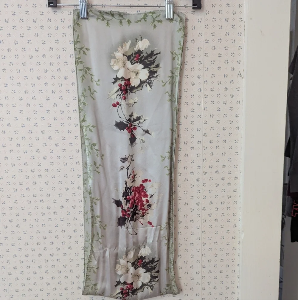 Vintage Silk Scarf Floral Holly Berry Christmas Fabric Holiday Silver Red Green
